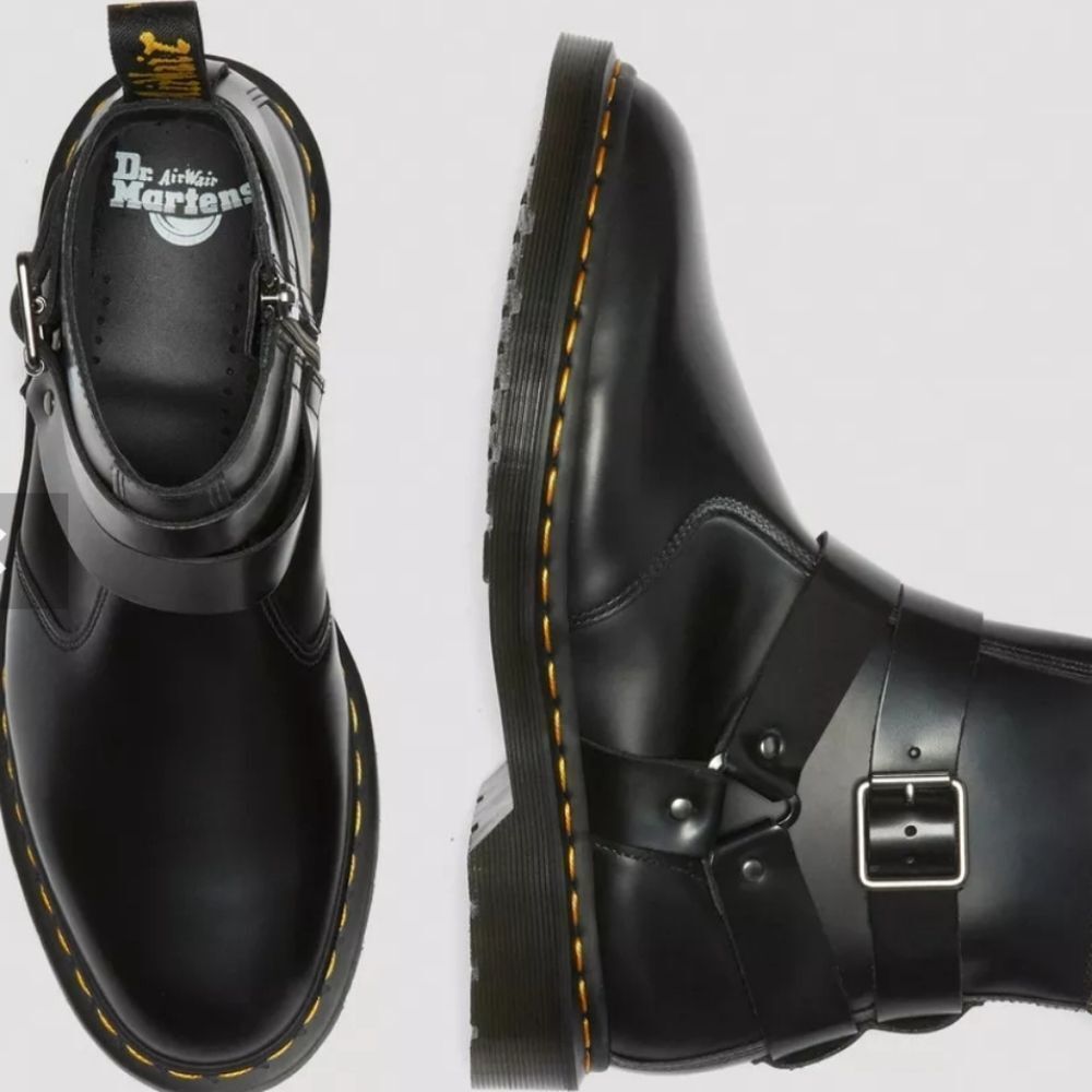 Dr. Martens Black Leather Combat Boots with Yellow Stitching